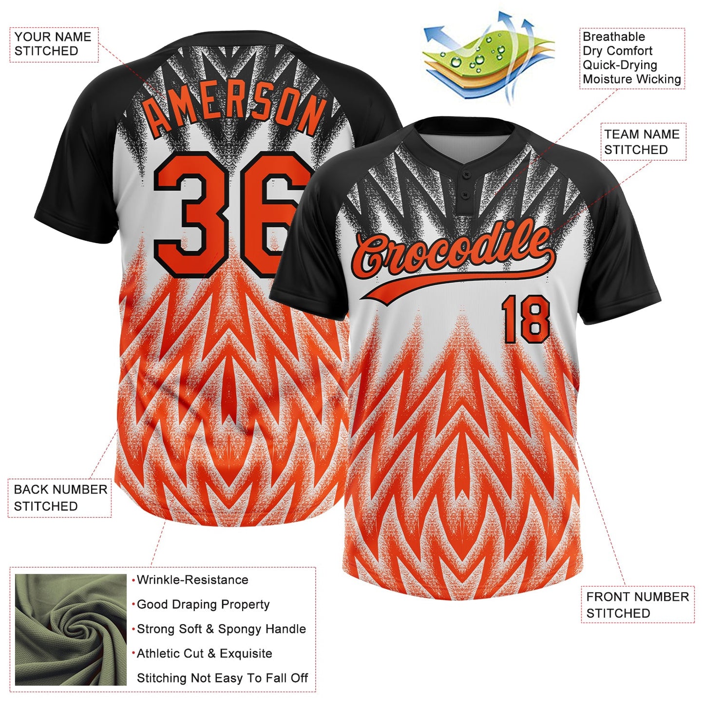 Custom Black Orange-White Raglan Sleeves Abstract Geometric Chevron Zigzag Two-Button Unisex Softball Jersey