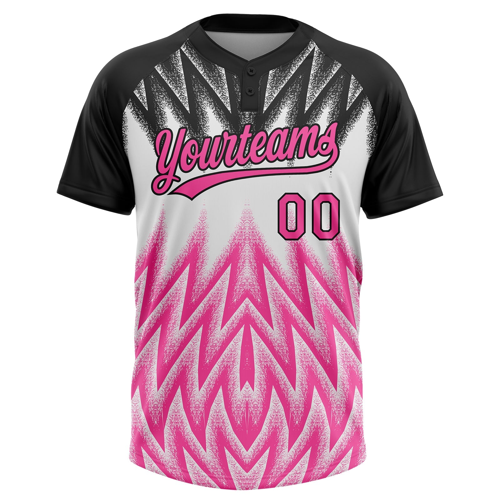 Custom Black Pink-White Raglan Sleeves Abstract Geometric Chevron Zigzag Two-Button Unisex Softball Jersey