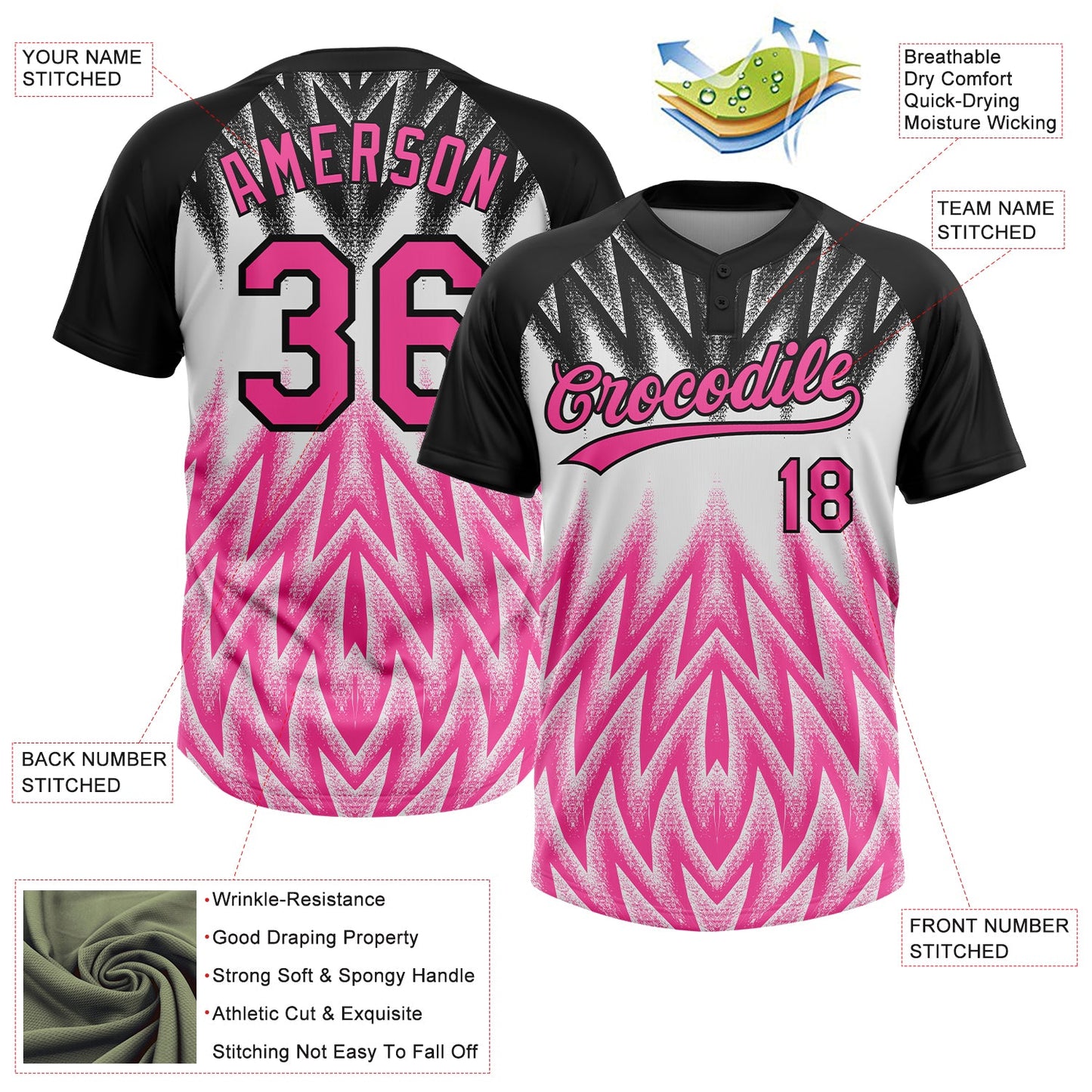 Custom Black Pink-White Raglan Sleeves Abstract Geometric Chevron Zigzag Two-Button Unisex Softball Jersey