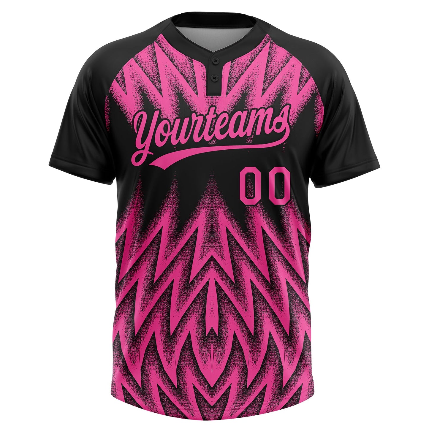 Custom Black-Pink Raglan Sleeves Abstract Geometric Chevron Zigzag Two-Button Unisex Softball Jersey