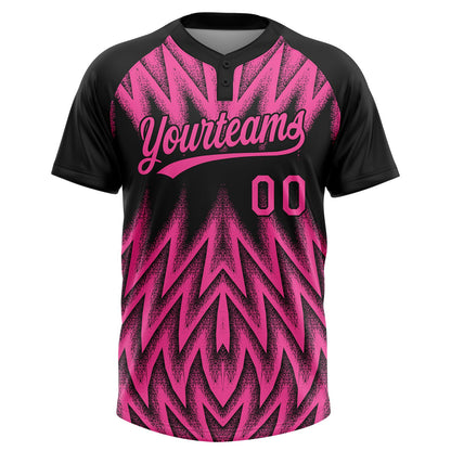 Custom Black-Pink Raglan Sleeves Abstract Geometric Chevron Zigzag Two-Button Unisex Softball Jersey