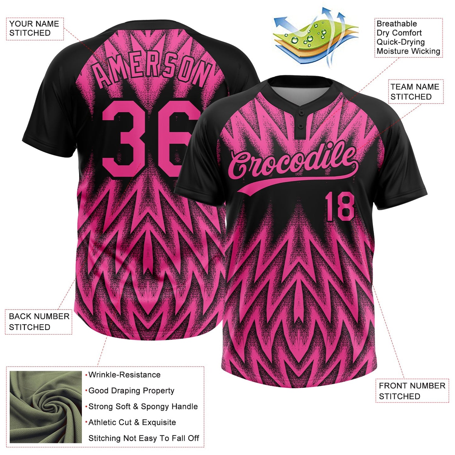 Custom Black-Pink Raglan Sleeves Abstract Geometric Chevron Zigzag Two-Button Unisex Softball Jersey