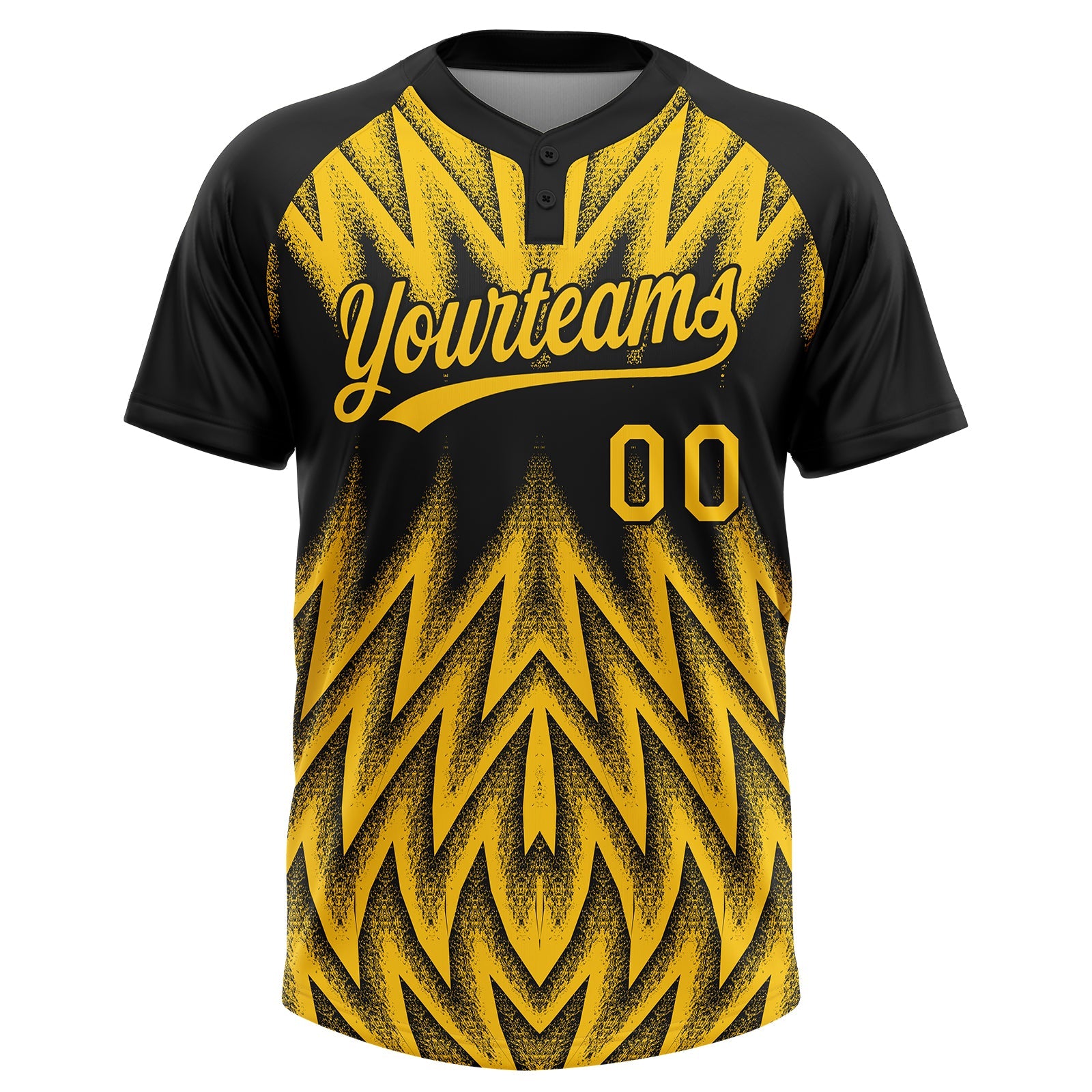 Custom Black-Yellow Raglan Sleeves Abstract Geometric Chevron Zigzag Two-Button Unisex Softball Jersey