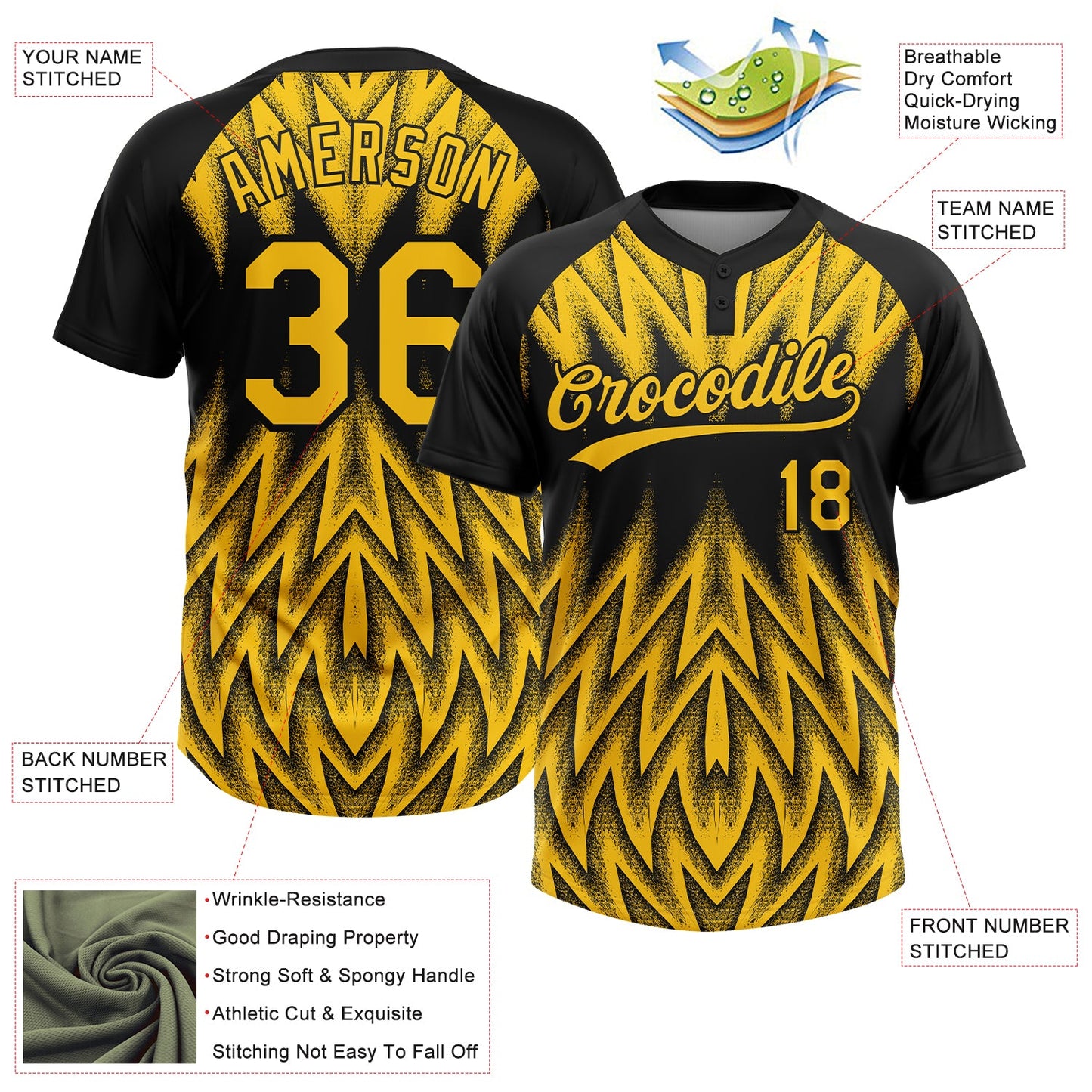 Custom Black-Yellow Raglan Sleeves Abstract Geometric Chevron Zigzag Two-Button Unisex Softball Jersey