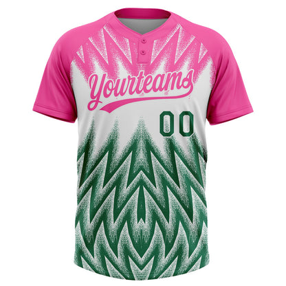 Custom Pink Kelly Green-White Raglan Sleeves Abstract Geometric Chevron Zigzag Two-Button Unisex Softball Jersey