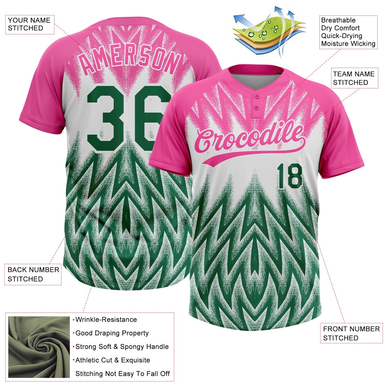 Custom Pink Kelly Green-White Raglan Sleeves Abstract Geometric Chevron Zigzag Two-Button Unisex Softball Jersey