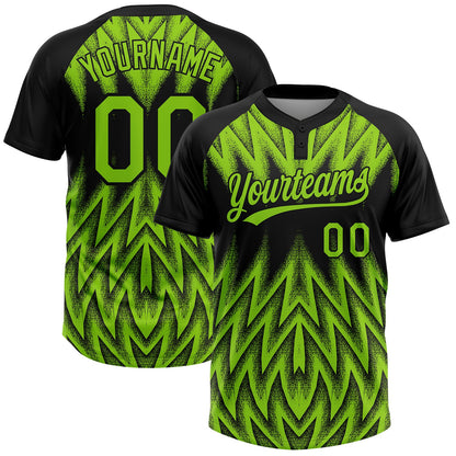 Custom Black-Neon Green Raglan Sleeves Abstract Geometric Chevron Zigzag Two-Button Unisex Softball Jersey