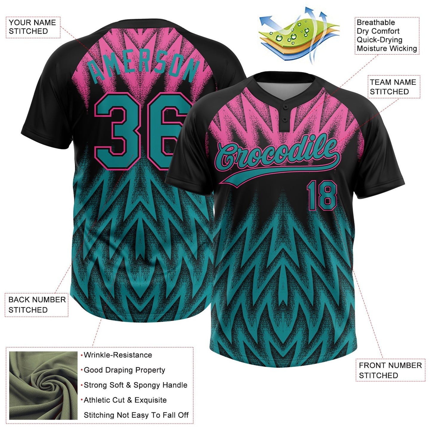 Custom Black Teal-Pink Raglan Sleeves Abstract Geometric Chevron Zigzag Two-Button Unisex Softball Jersey
