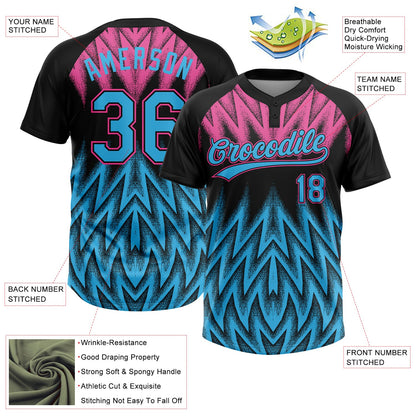 Custom Black Sky Blue-Pink Raglan Sleeves Abstract Geometric Chevron Zigzag Two-Button Unisex Softball Jersey