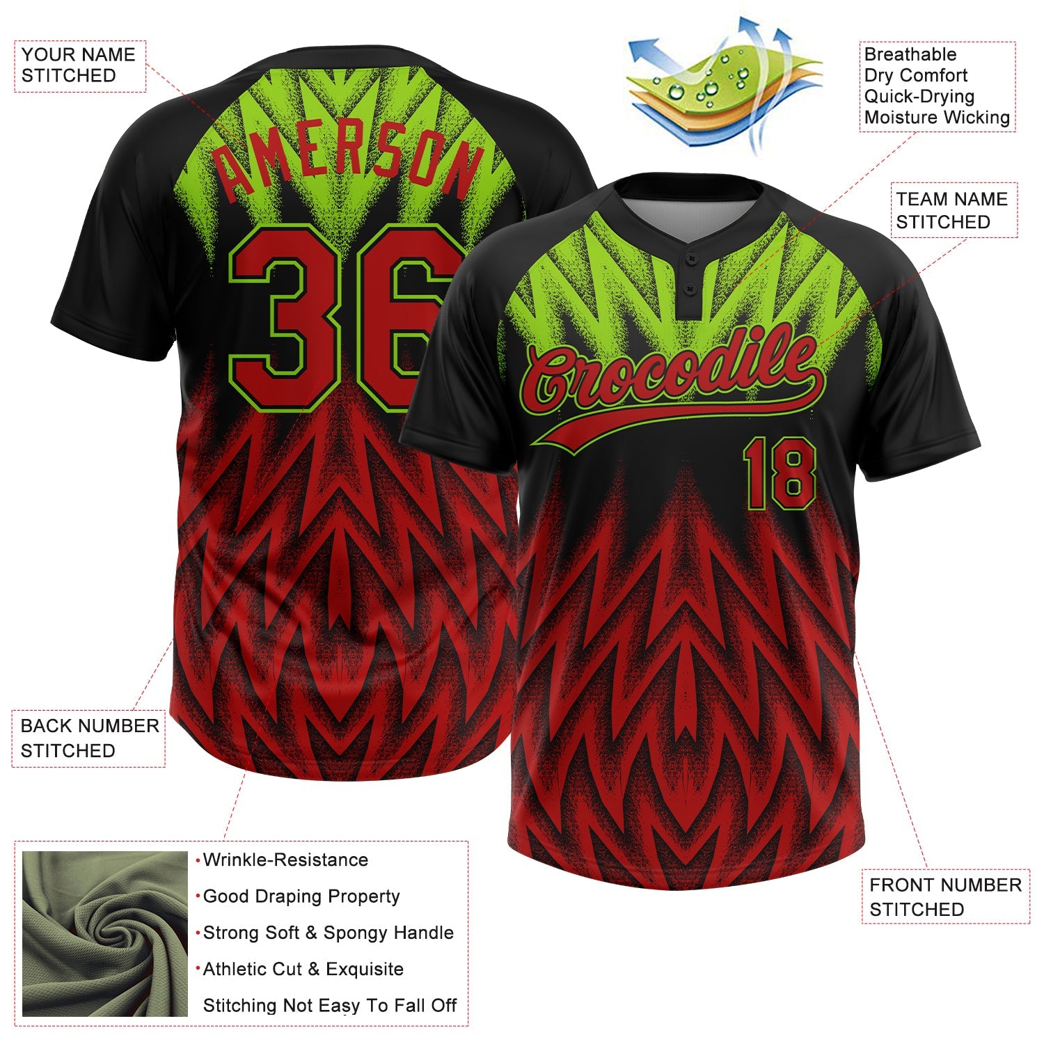 Custom Black Red-Neon Green Raglan Sleeves Abstract Geometric Chevron Zigzag Two-Button Unisex Softball Jersey
