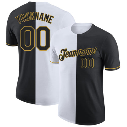 Custom Black White-Old Gold Split Fashion Performance T-Shirt