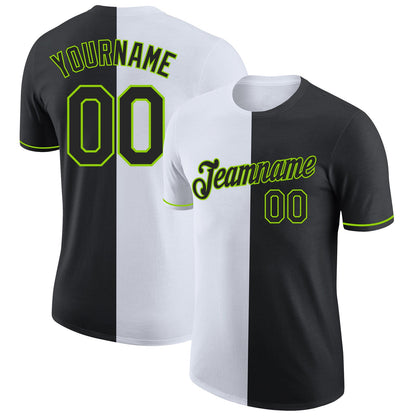 Custom Black White-Neon Green Split Fashion Performance T-Shirt