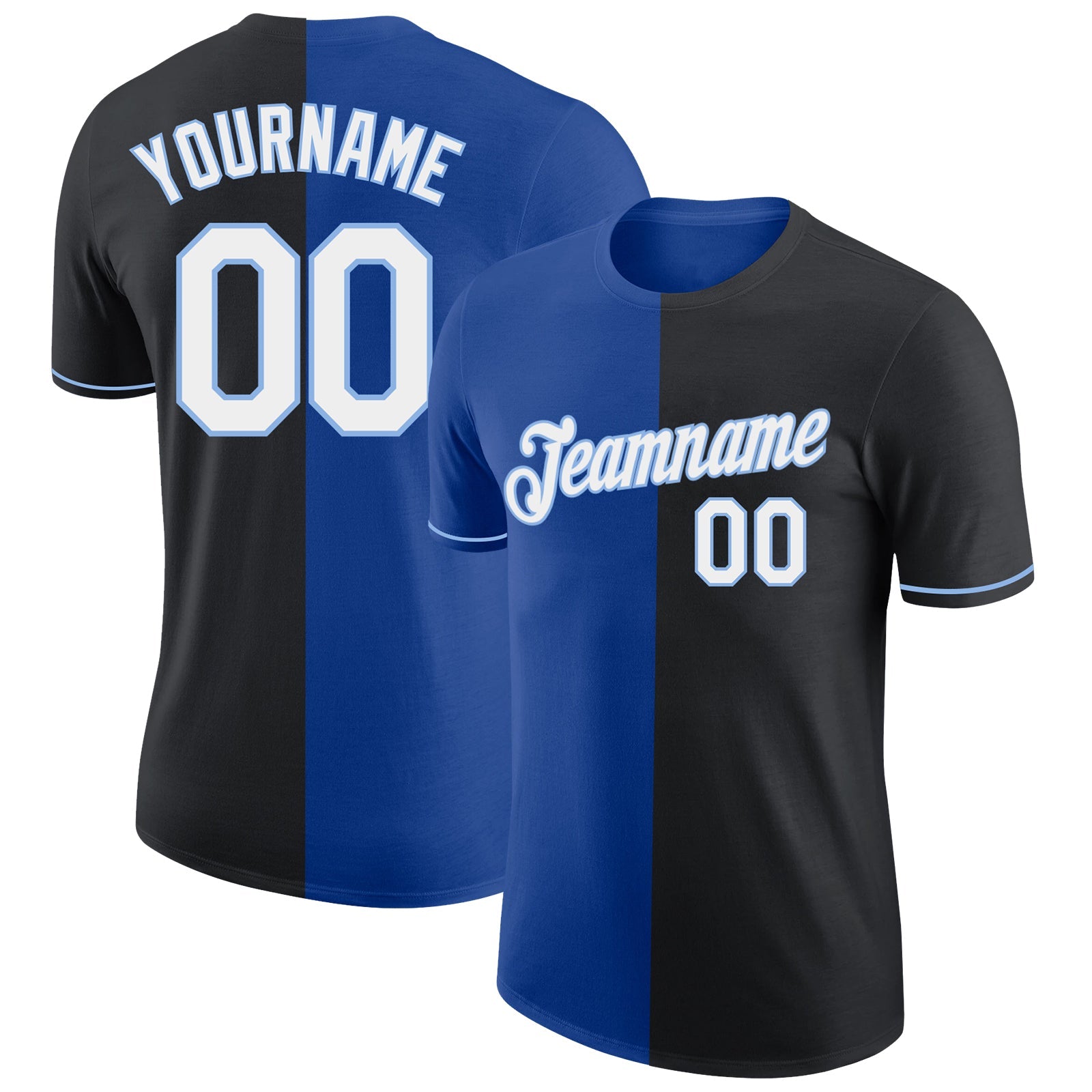Custom Black Royal-Light Blue Split Fashion Performance T-Shirt