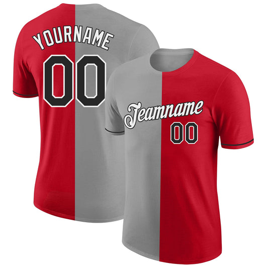 Custom Red Black-Gray Split Fashion Performance T-Shirt