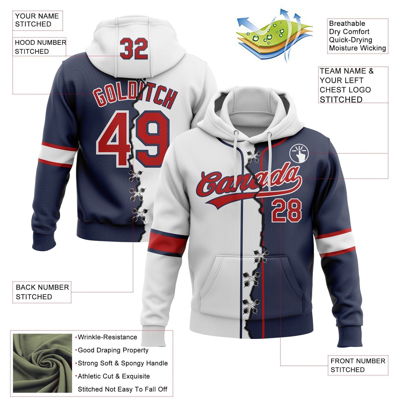 Custom Navy Red-White Split Ripped Pattern Baseball Pullover Sweatshirt Hoodie