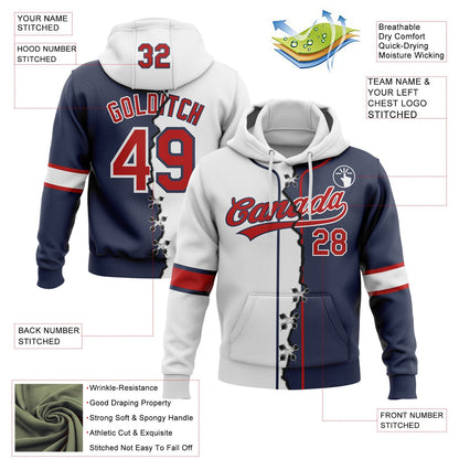 Custom Navy Red-White Split Ripped Pattern Baseball Pullover Sweatshirt Hoodie