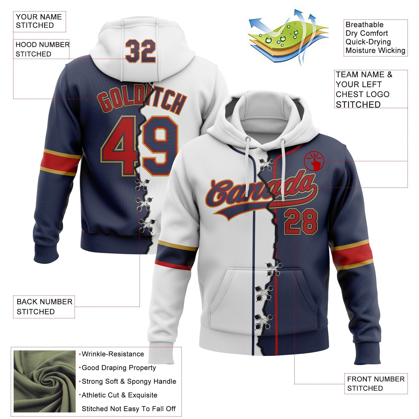 Custom Navy Red Old Gold-White Split Ripped Pattern Baseball Pullover Sweatshirt Hoodie