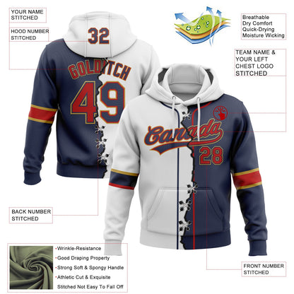 Custom Navy Red Old Gold-White Split Ripped Pattern Baseball Pullover Sweatshirt Hoodie