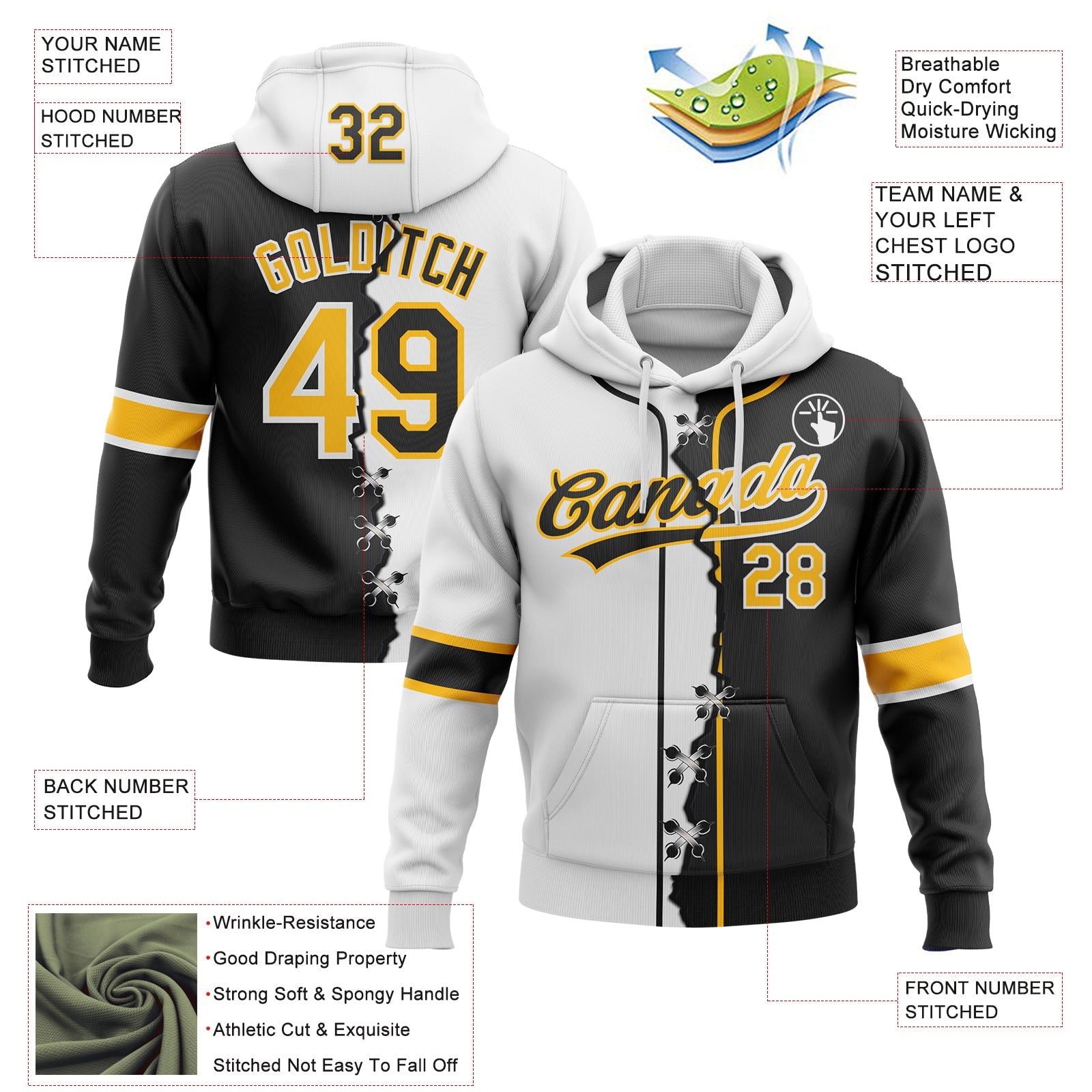 Custom Black Gold-White Split Ripped Pattern Baseball Pullover Sweatshirt Hoodie