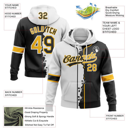 Custom Black Gold-White Split Ripped Pattern Baseball Pullover Sweatshirt Hoodie