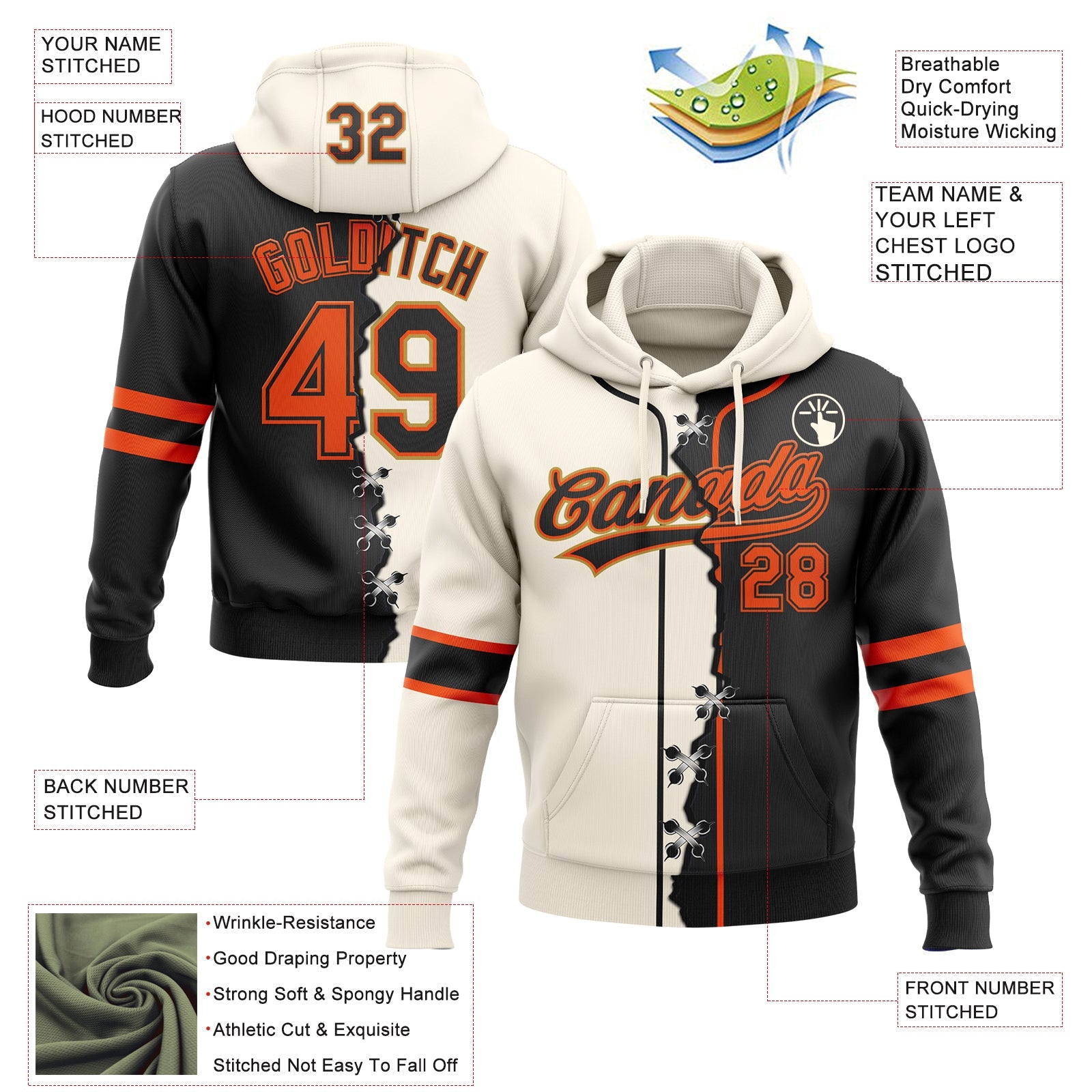 Custom Black Orange Old Gold-Cream Split Ripped Pattern Baseball Pullover Sweatshirt Hoodie