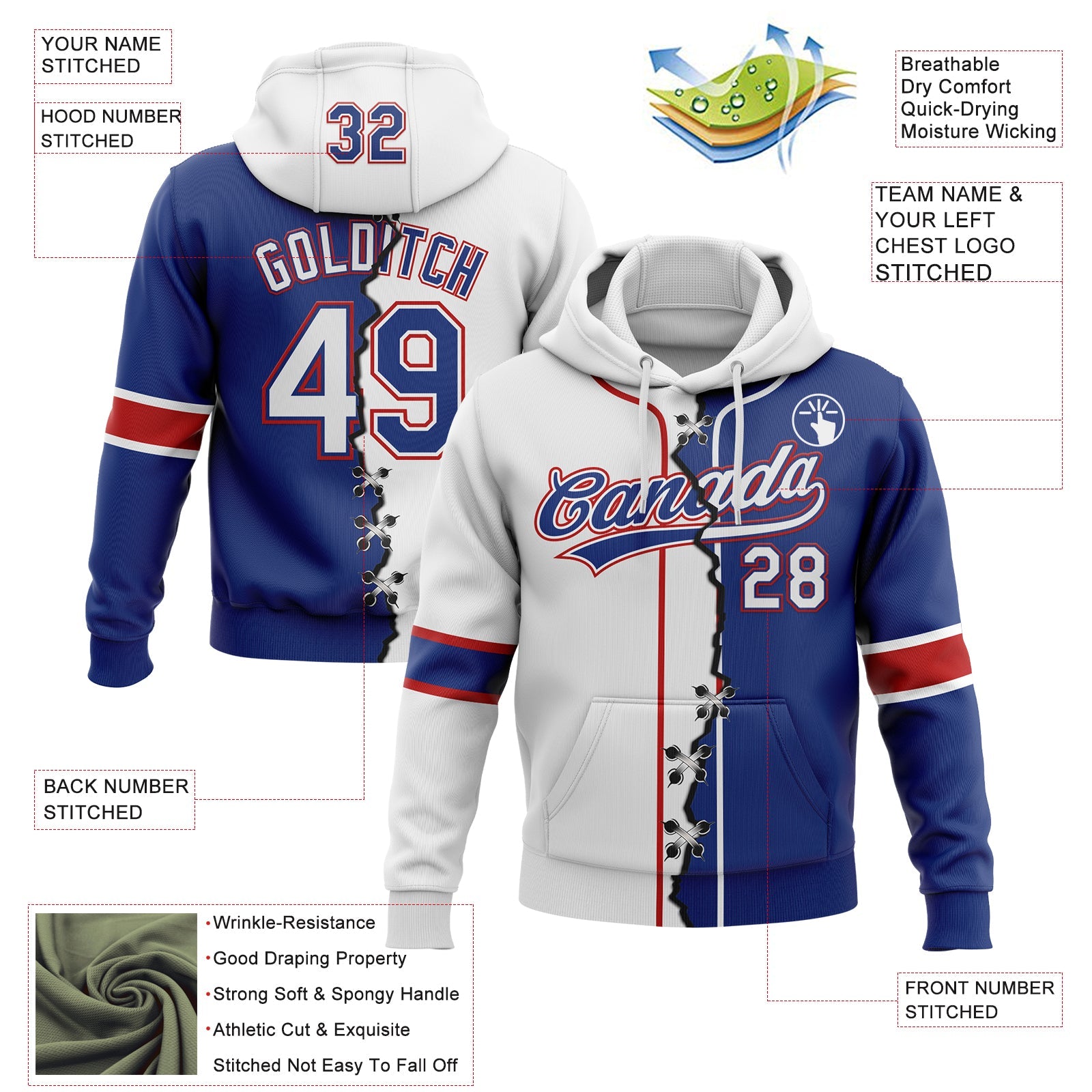 Custom Royal White-Red Split Ripped Pattern Baseball Pullover Sweatshirt Hoodie