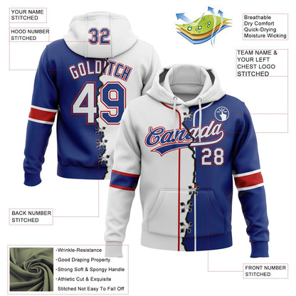 Custom Royal White-Red Split Ripped Pattern Baseball Pullover Sweatshirt Hoodie