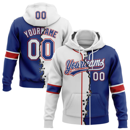 Custom Royal White-Red Split Ripped Pattern Baseball Pullover Sweatshirt Hoodie