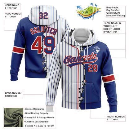 Custom Royal Red-White Pinstripe Split Ripped Pattern Baseball Pullover Sweatshirt Hoodie