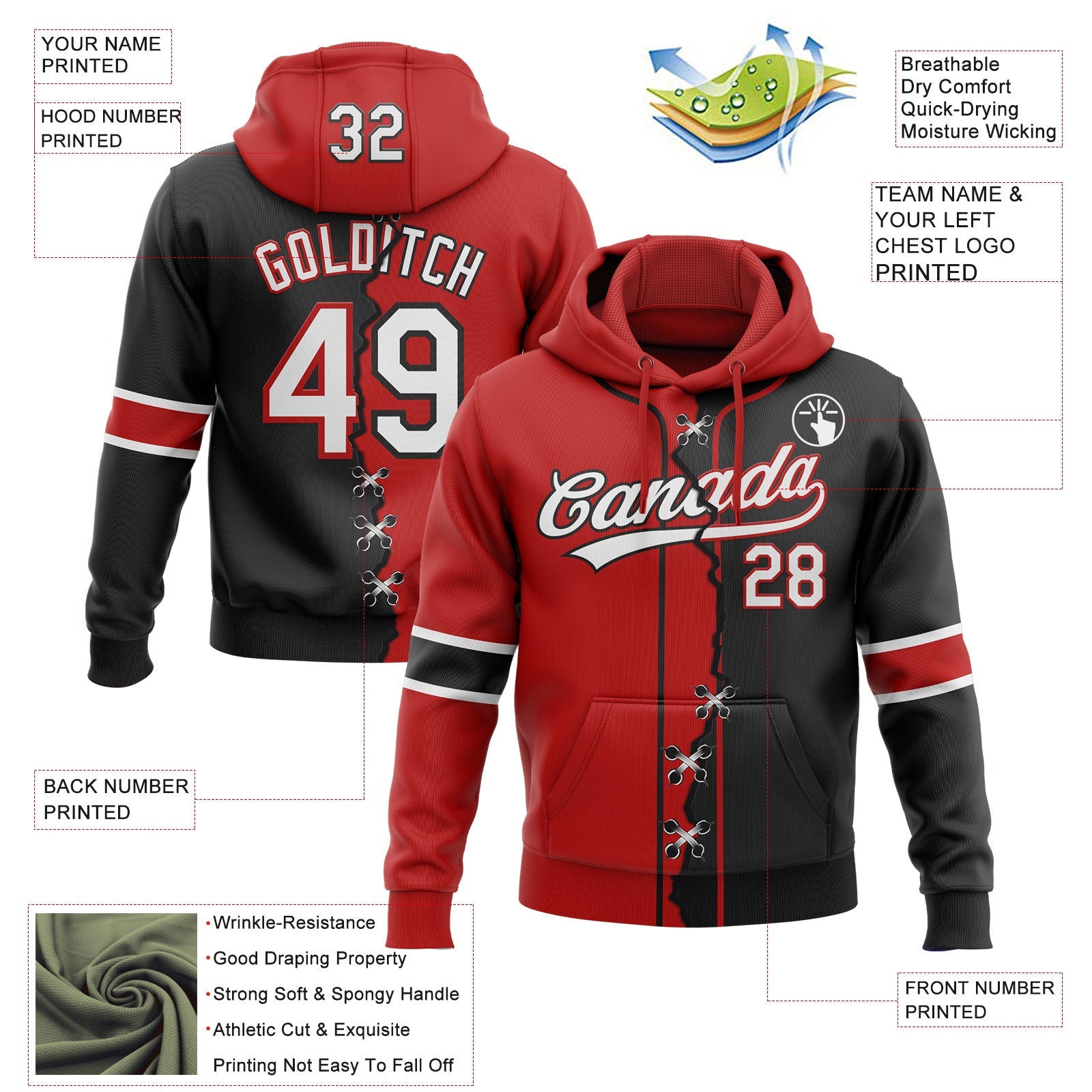 Custom Black White-Red Split Ripped Pattern Baseball Pullover Sweatshirt Hoodie