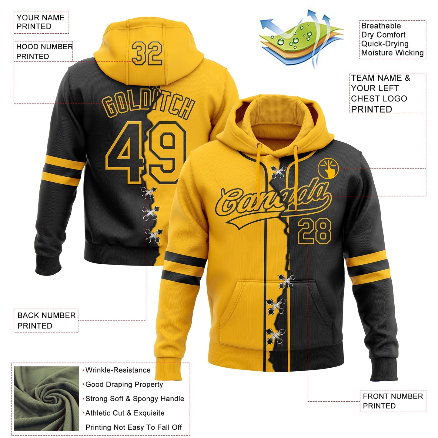 Custom Black Gold Split Ripped Pattern Baseball Pullover Sweatshirt Hoodie