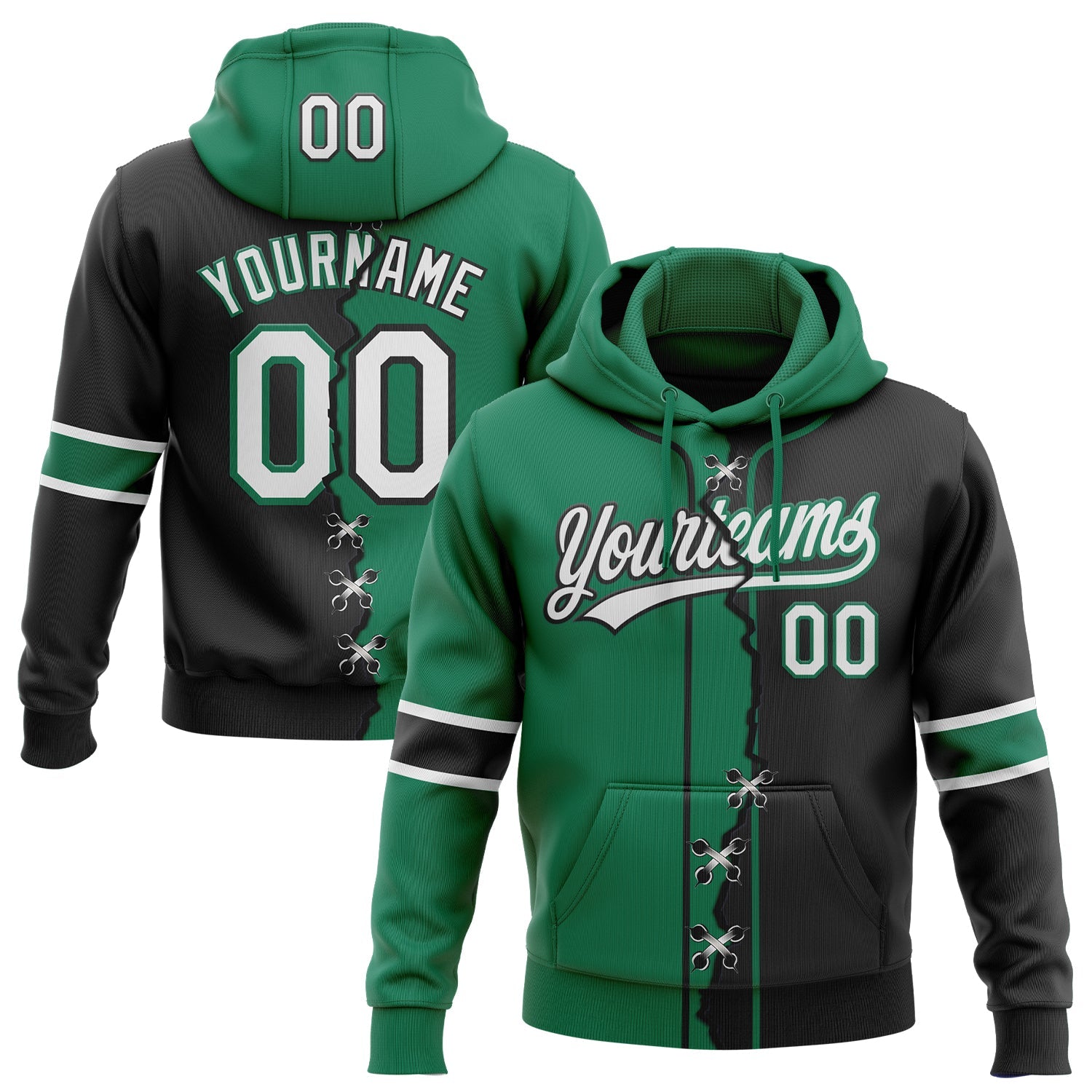 Custom Black White-Kelly Green Split Ripped Pattern Baseball Pullover Sweatshirt Hoodie