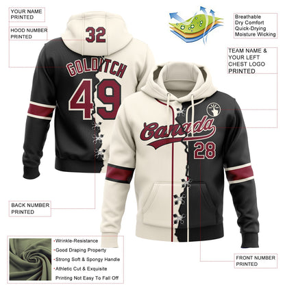 Custom Black Crimson-Cream Split Ripped Pattern Baseball Pullover Sweatshirt Hoodie