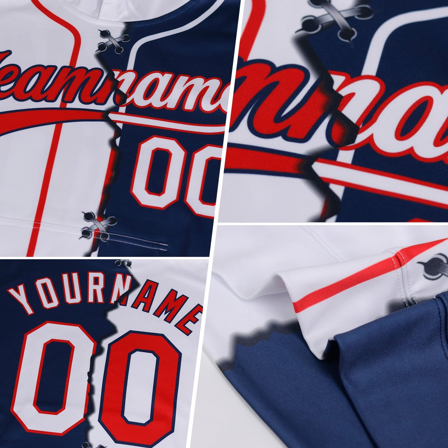 Custom Black White-Panther Blue Split Ripped Pattern Baseball Pullover Sweatshirt Hoodie