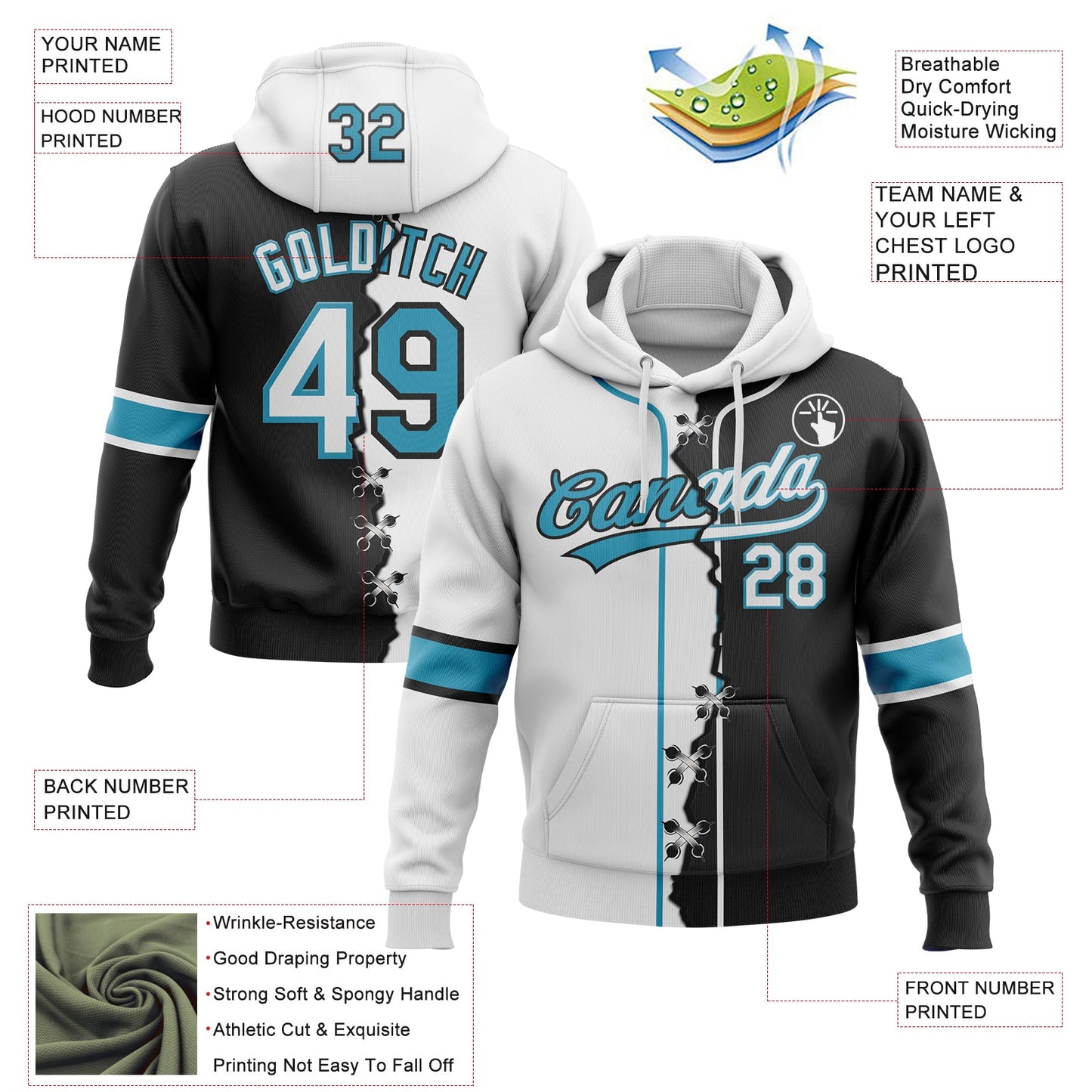 Custom Black White-Panther Blue Split Ripped Pattern Baseball Pullover Sweatshirt Hoodie