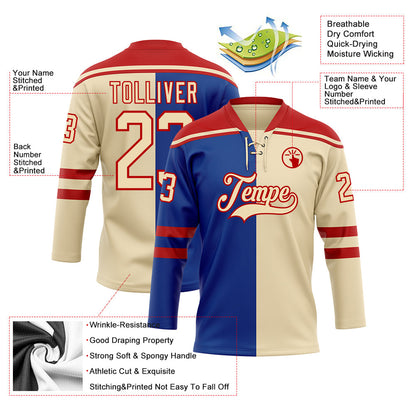 Custom Cream Royal-Red Split Fashion Hockey Lace Neck Jersey