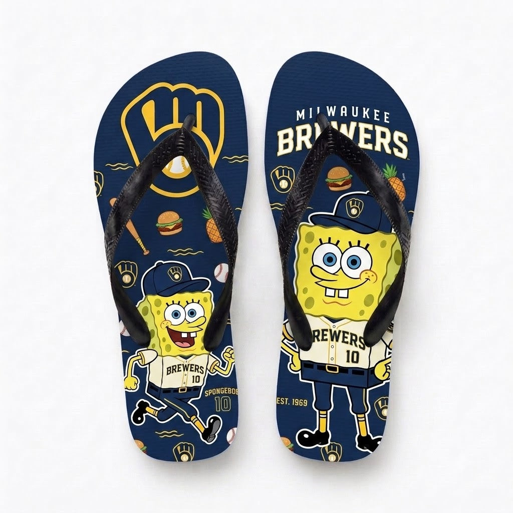 Cartoon Yellow Sponge Baseball Flip Flops, Sport Fan Sandals | 30 Teams Available