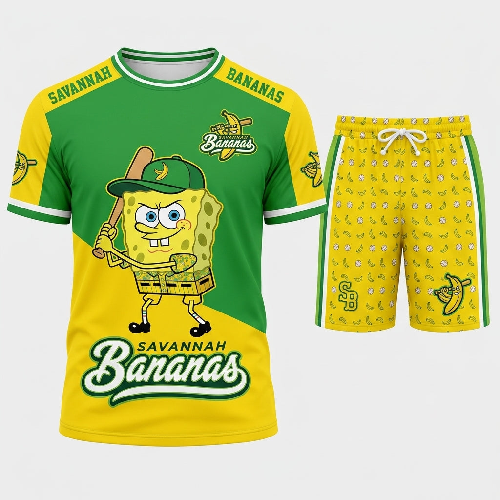 Baseball Fan T-Shirt And Shorts Set, Green Yellow Cartoon Sport Outfit For Summer