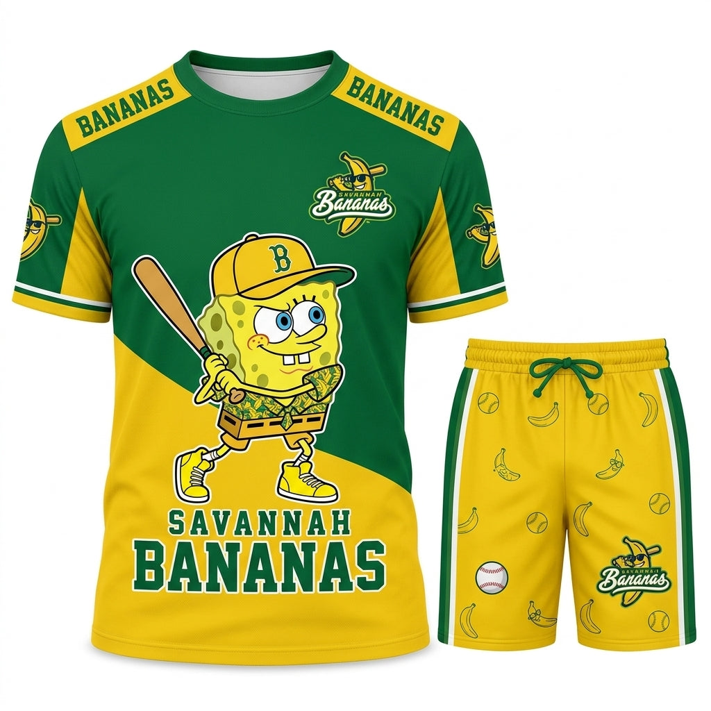 Baseball Fan T-Shirt And Shorts Set, Green Yellow Cartoon Sport Outfit For Summer