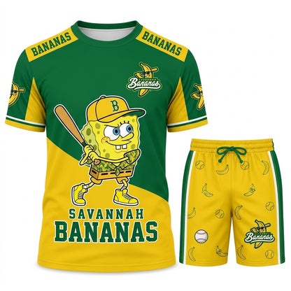 Baseball Fan T-Shirt And Shorts Set, Green Yellow Cartoon Sport Outfit For Summer