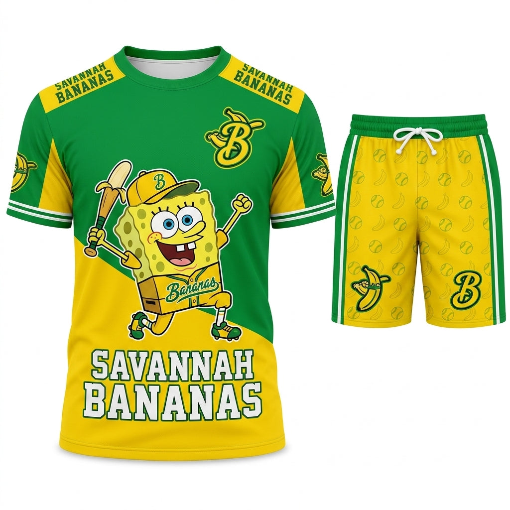 Baseball Fan T-Shirt And Shorts Set, Green Yellow Cartoon Sport Outfit For Summer