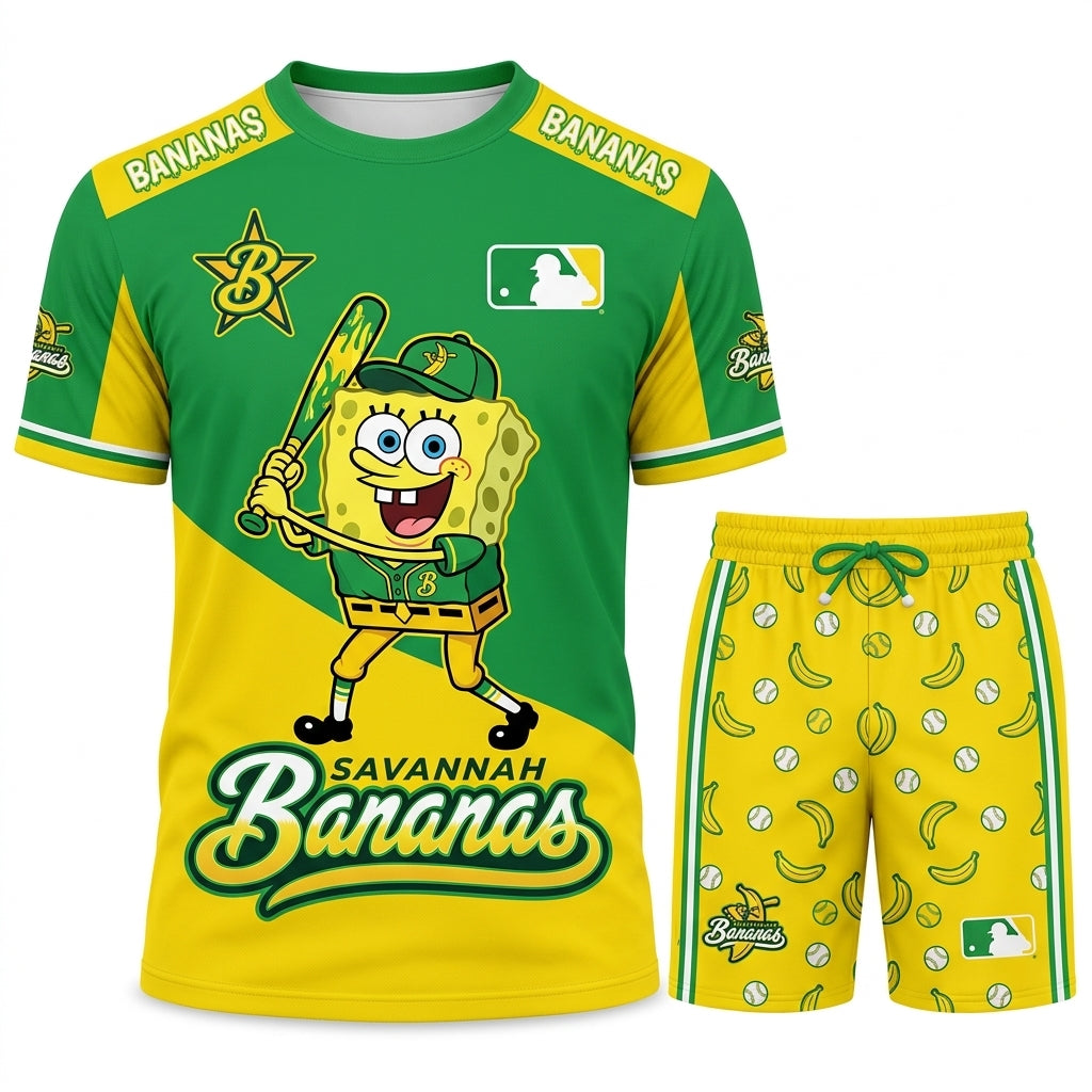 Baseball Fan T-Shirt And Shorts Set, Green Yellow Cartoon Sport Outfit For Summer