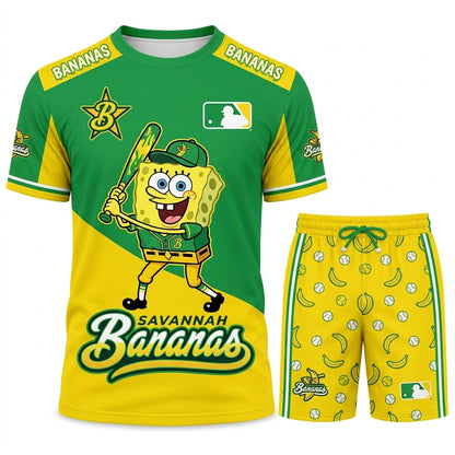 Baseball Fan T-Shirt And Shorts Set, Green Yellow Cartoon Sport Outfit For Summer
