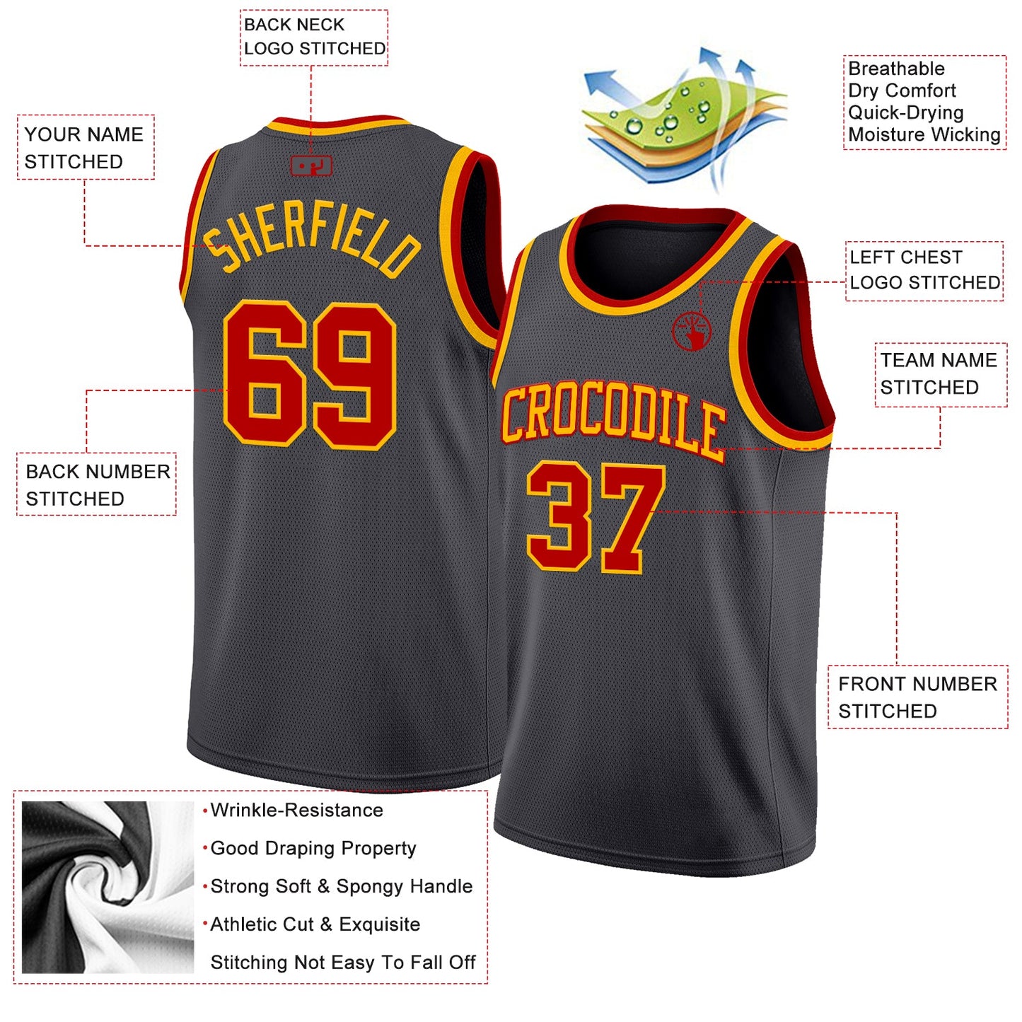 Custom Steel Gray Red-Gold Authentic Basketball Jersey