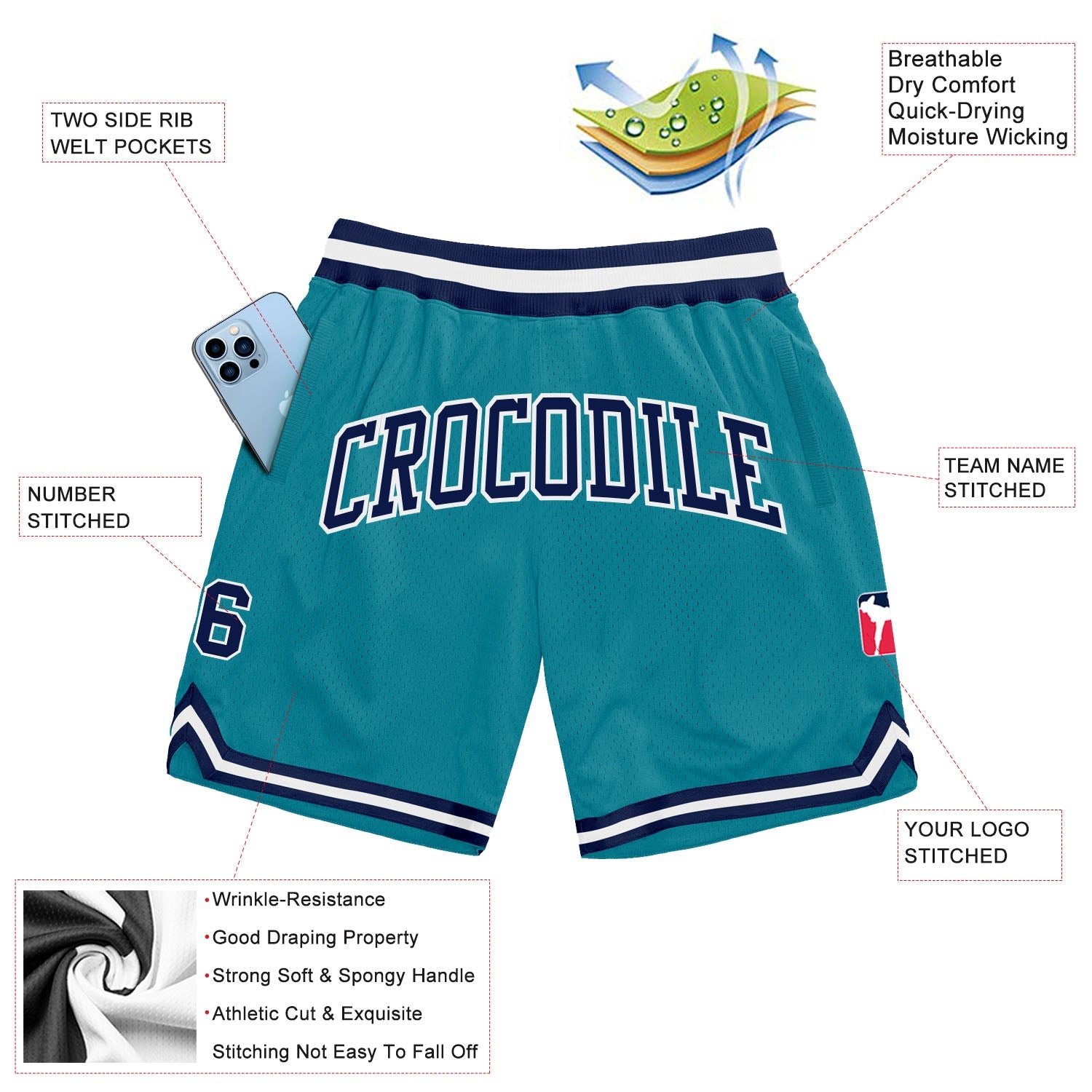 Custom Teal Navy-White Authentic Throwback Basketball Shorts