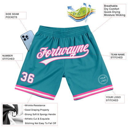 Custom Teal White-Pink Authentic Throwback Basketball Shorts