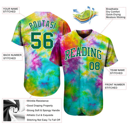 Custom Tie Dye Kelly Green-White 3D Authentic Baseball Jersey