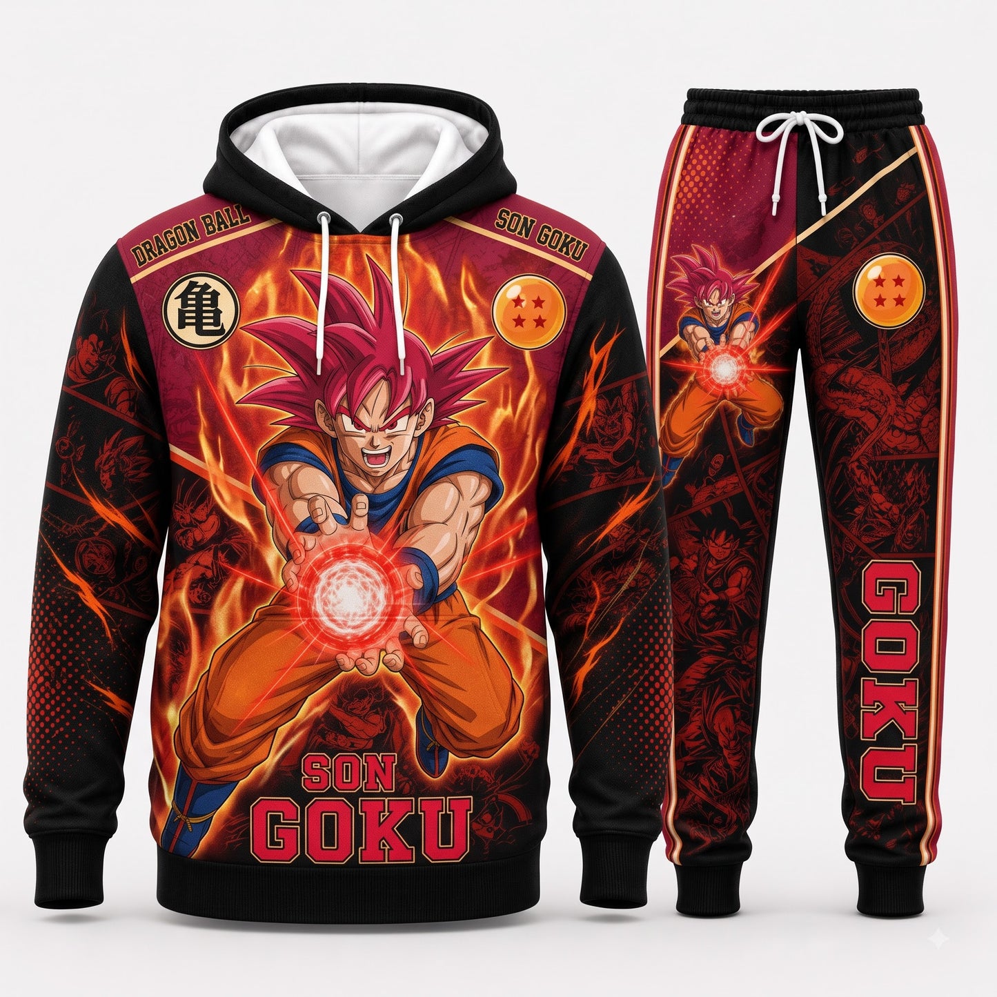 Super Saiyan God Son Goku Outfit Set — Hoodie, Jogger Pants & High-Top Sneakers | Red Anime Streetwear Matching Set