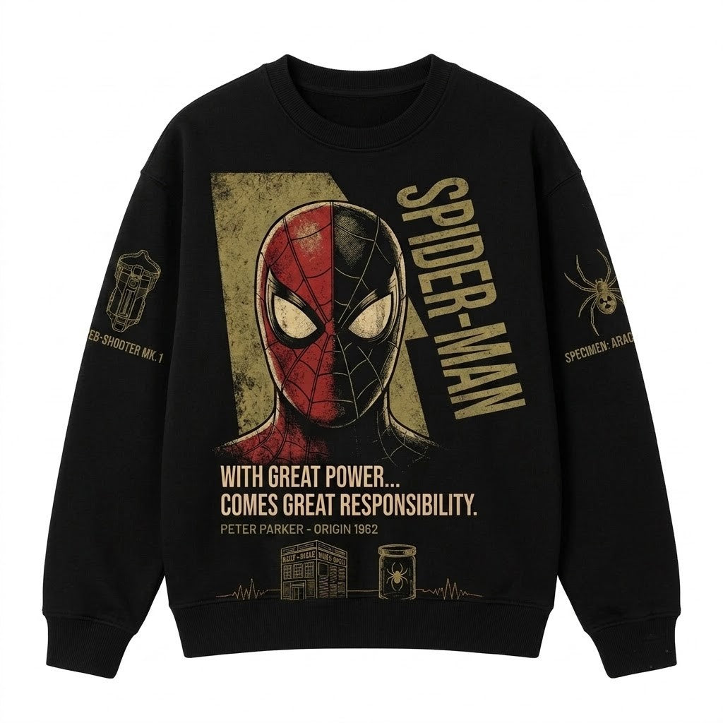 Black Long Sleeve Shirt, Comic Web Hero Inspired Back Print Tee, Superhero Fan Streetwear Gift