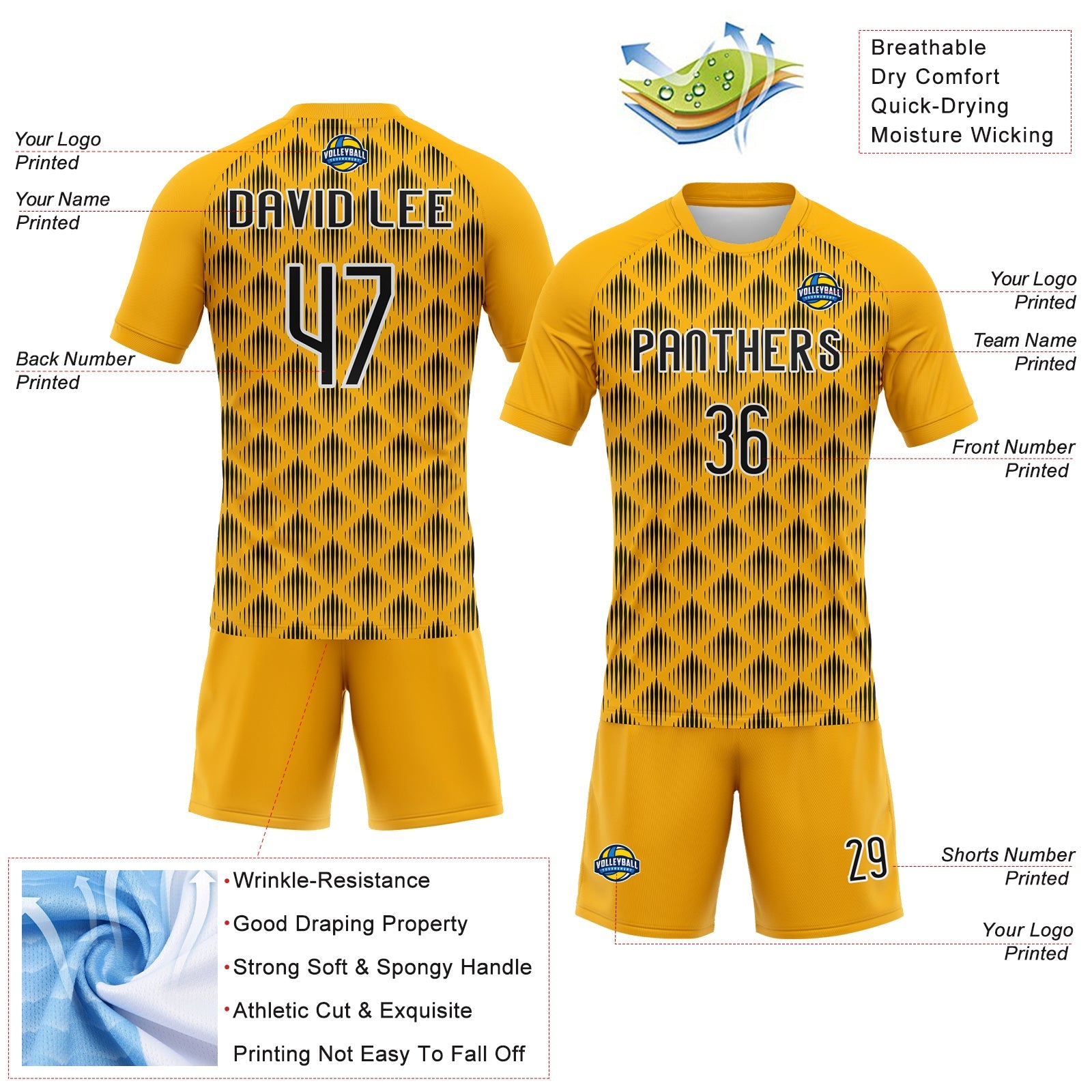 Custom Gold Black-White Geometric Shape Sublimation Volleyball Uniform Jersey